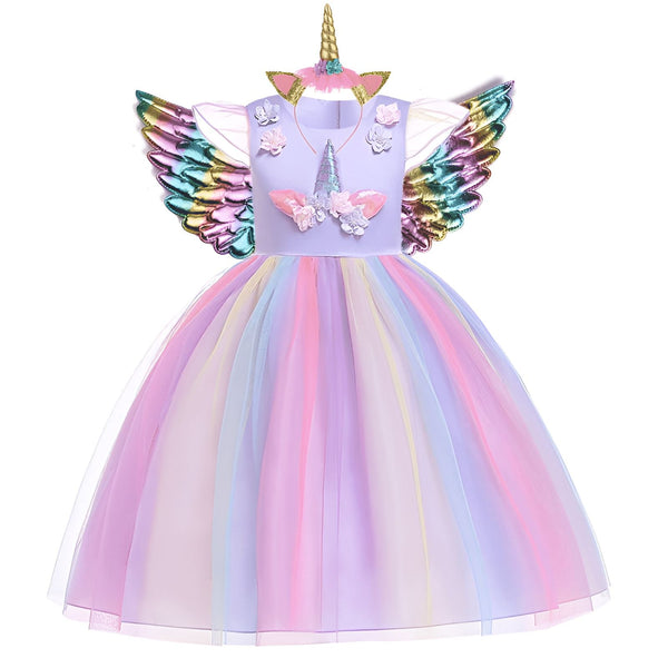 Robe de déguisement de licorne avec ailes irisées et serre-tête à corne dorée. Jupe longue en tulle multicolore (rose, violet, bleu, jaune). Corsage lilas orné de fleurs. Costume féerique pour enfant., 45502406230271,45502406263039,45502406295807,45502406328575,45502406361343,45502406394111,45502406426879,45502406459647 | Licorne Shop