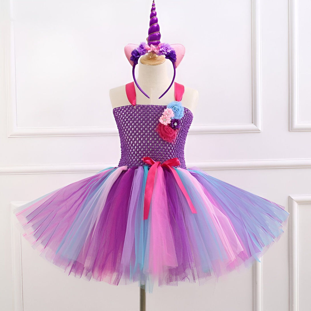 Robe de tutu licorne violette et arc-en-ciel pour enfant avec serre-tête licorne assorti, parfait pour le carnaval ou un anniversaire. Déguisement féérique pour fille., 45501275341055,45501275373823,45501275406591,45501275439359,45501275472127,45501275504895,45501275537663,45501275570431 | Licorne Shop