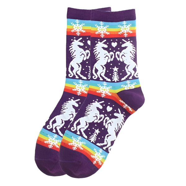Paire de chaussettes violettes avec des motifs d'unicorne blanche, des flocons de neige et un arc-en-ciel. Chaussettes fantaisie pour femme ou fille. Accessoire de mode hivernal., 45502260773119 | Licorne Shop