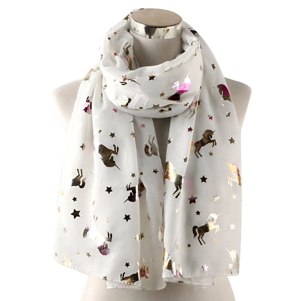 Écharpe blanche légère avec motifs d'étoiles et de licornes dorées, accessoire de mode pour femme., 45502337351935 | Licorne Shop