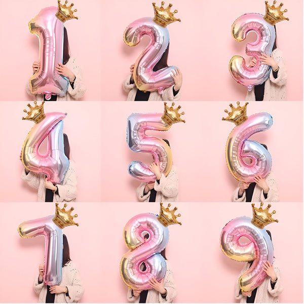 Image de ballons numériques irisés de 1 à 9 avec des couronnes dorées. Ballons colorés pour célébrations d'anniversaire, fêtes. Décorations festives et amusantes., 45501111337215 | Licorne Shop