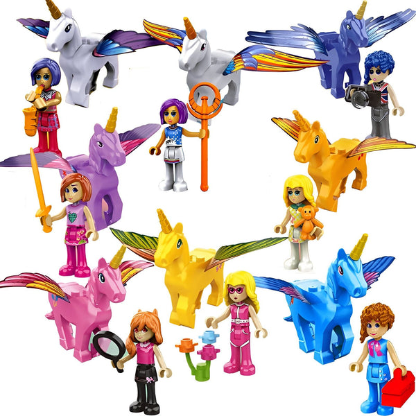 Image de plusieurs personnages et licornes ailées de style blocs de construction, présentés dans différentes couleurs. Les personnages ont des accessoires variés, comme un saxophone, une caméra, une loupe, un ours en peluche et des épées. Jouets pour enfants., 45501259219199 | Licorne Shop