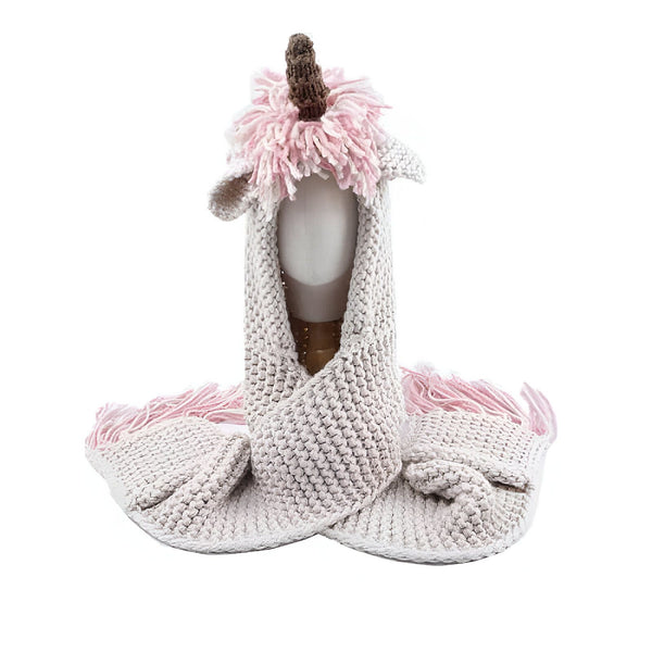 Chapeau écharpe tricoté pour enfant en forme de licorne avec crinière rose et corne marron., 45502092083455 | Licorne Shop