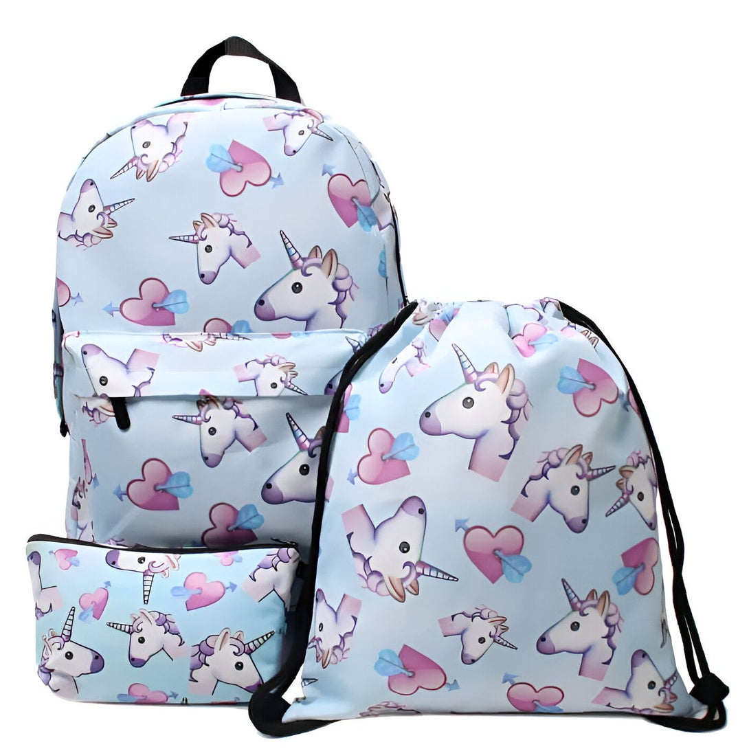 Ensemble d'accessoires scolaires bleu ciel à motifs d'unicorne et de cœurs : sac à dos, sac de sport à cordon et trousse. Idéal pour l'école, le sport ou les loisirs., 45501143941375 | Licorne Shop