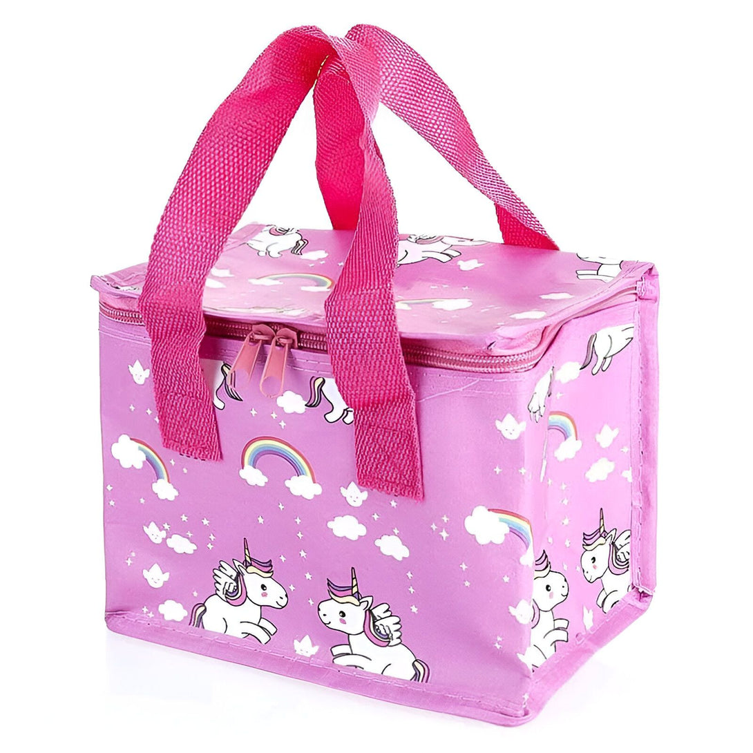 Sac à lunch rose pour enfants avec motif licorne et arc-en-ciel, poignées roses et fermeture éclair. Idéal pour l'école ou le pique-nique., 45501323804927 | Licorne Shop