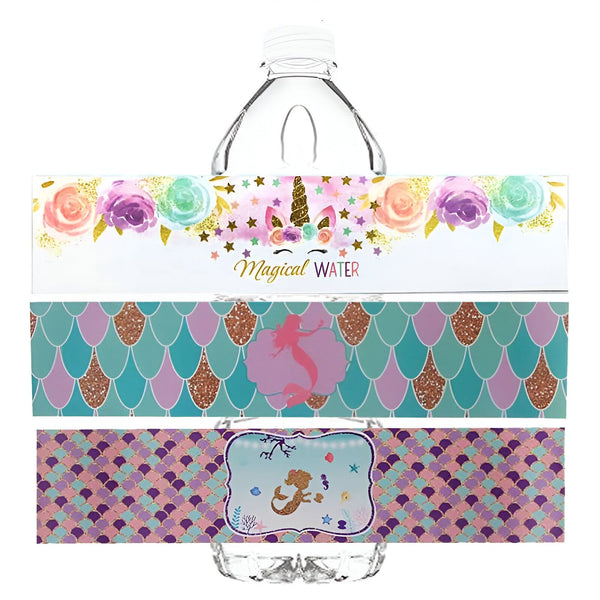 Étiquettes de bouteilles d'eau décoratives pour fête d'anniversaire sur le thème de la mer, avec motif sirène, écailles et licorne, parfaites pour un anniversaire féerique et magique., 45501172351231 | Licorne Shop