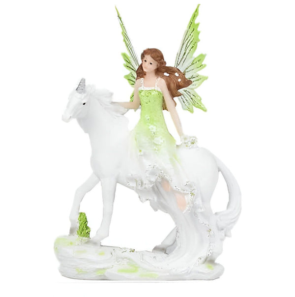 Statuette d'une fée avec des ailes vertes assise sur un licorne blanche. La base est verte et blanche., 45501363814655 | Licorne Shop