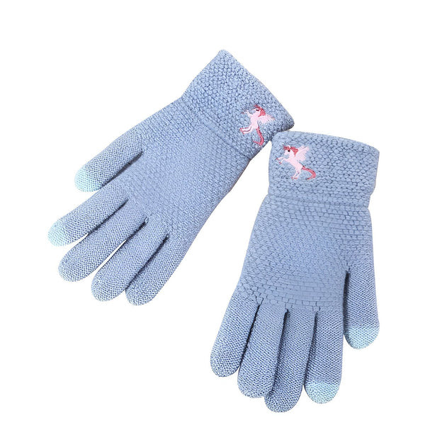 Une paire de gants bleus en tricot avec une broderie de licorne rose. Les bouts des doigts sont d'une couleur plus claire pour l'utilisation d'écrans tactiles., 45501497901311 | Licorne Shop
