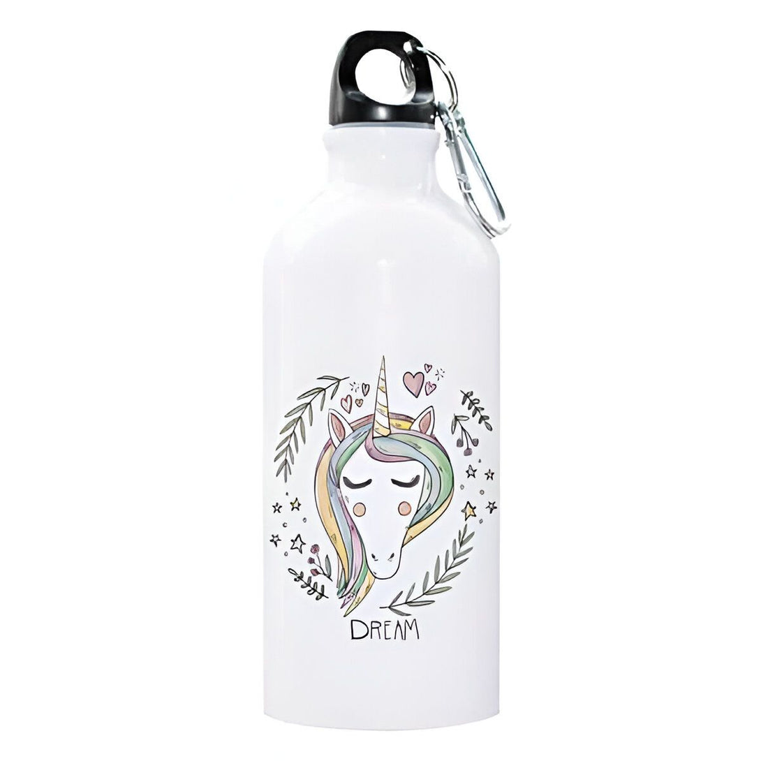 Bouteille d'eau blanche avec un dessin de licorne et le mot "Dream". Gourde avec bouchon noir et mousqueton argenté. Idéale pour les enfants et les adultes qui aiment les licornes., 45501173367039 | Licorne Shop