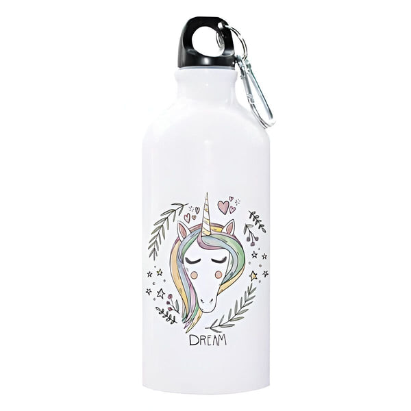 Bouteille d'eau blanche avec un dessin de licorne et le mot "Dream". Gourde avec bouchon noir et mousqueton argenté. Idéale pour les enfants et les adultes qui aiment les licornes., 45501173367039 | Licorne Shop