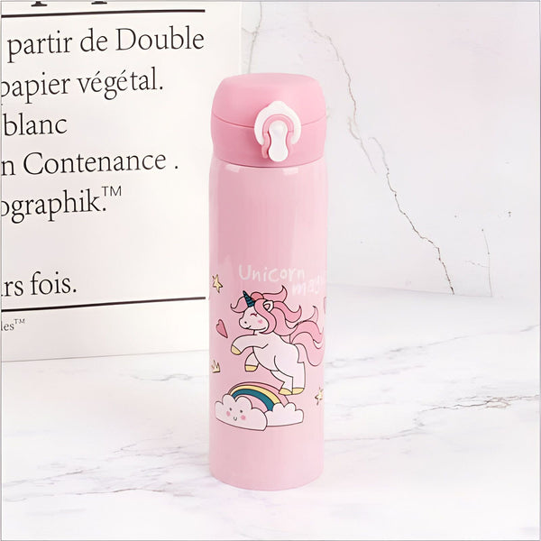Gourde isotherme rose avec un dessin de licorne sur un arc-en-ciel. Accessoire pour enfants pour garder les boissons fraîches ou chaudes. Bouteille réutilisable décorée., 45501176086783 | Licorne Shop