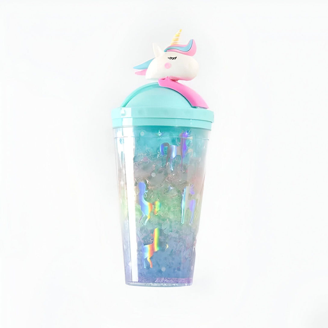 Gobelet en plastique avec paillettes et motif licorne sur le couvercle, bleu turquoise, rose et or. Idéal pour les boissons froides et les cadeaux féériques., 45501177266431 | Licorne Shop