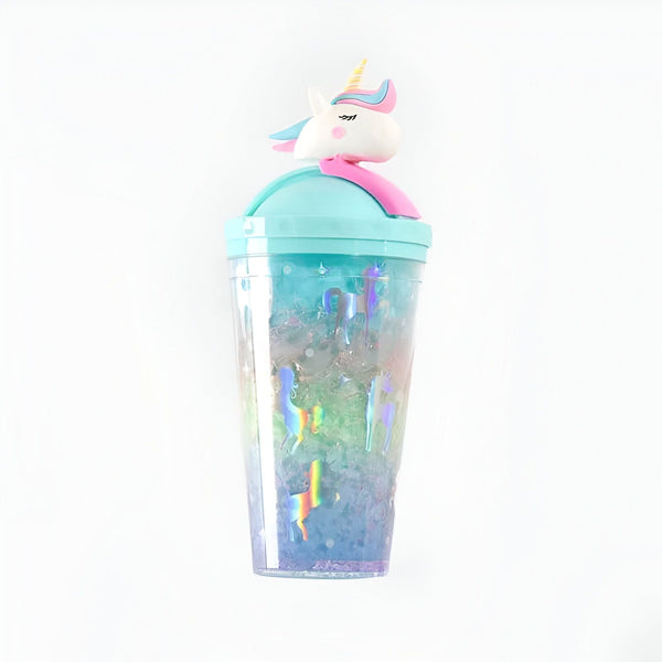 Gobelet en plastique avec paillettes et motif licorne sur le couvercle, bleu turquoise, rose et or. Idéal pour les boissons froides et les cadeaux féériques., 45501177266431 | Licorne Shop
