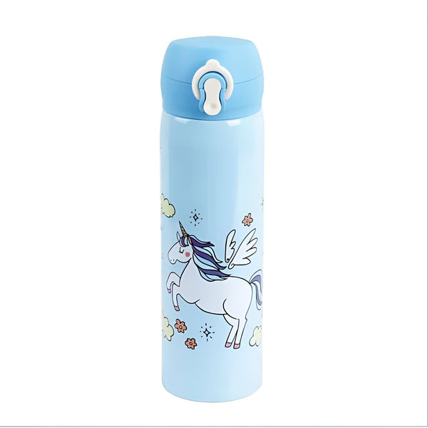 Gourde bleue pastel avec un motif de licorne ailée, nuages et petites fleurs. Idéale pour les enfants, cette bouteille isotherme garde les boissons fraîches ou chaudes., 45501173072127 | Licorne Shop