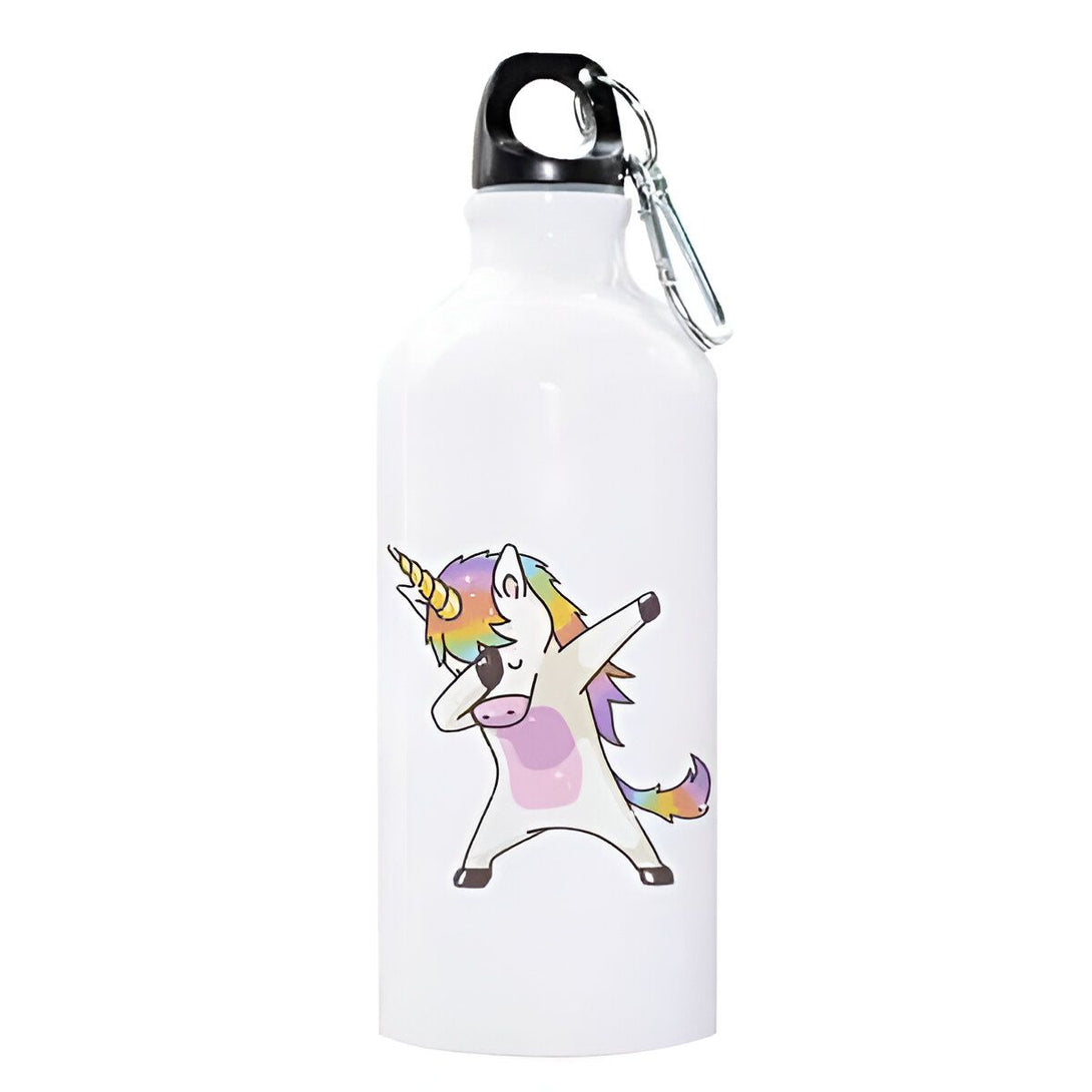 Une gourde blanche avec un dessin d'une licorne faisant le "dab". La licorne a une crinière arc-en-ciel et une corne dorée. Le bouchon de la gourde est noir et argenté., 45501178151167 | Licorne Shop