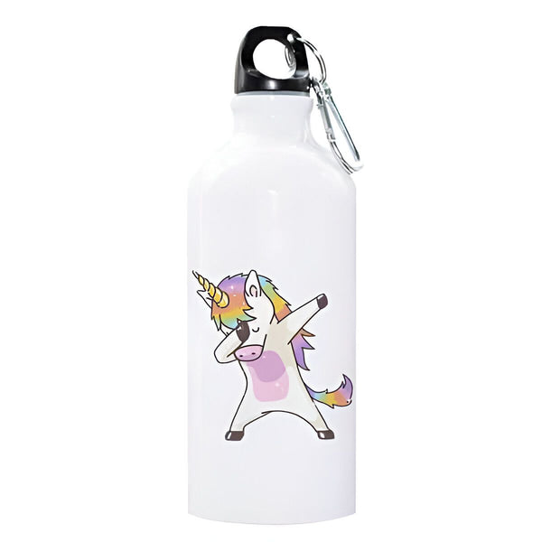 Une gourde blanche avec un dessin d'une licorne faisant le "dab". La licorne a une crinière arc-en-ciel et une corne dorée. Le bouchon de la gourde est noir et argenté., 45501178151167 | Licorne Shop