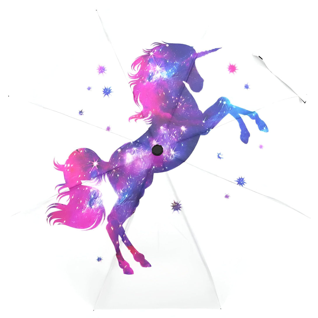 Parapluie blanc avec un motif de licorne galactique rose et violet se cabrant. Étoiles décoratives. Style fantastique et féerique., 45501168615679 | Licorne Shop