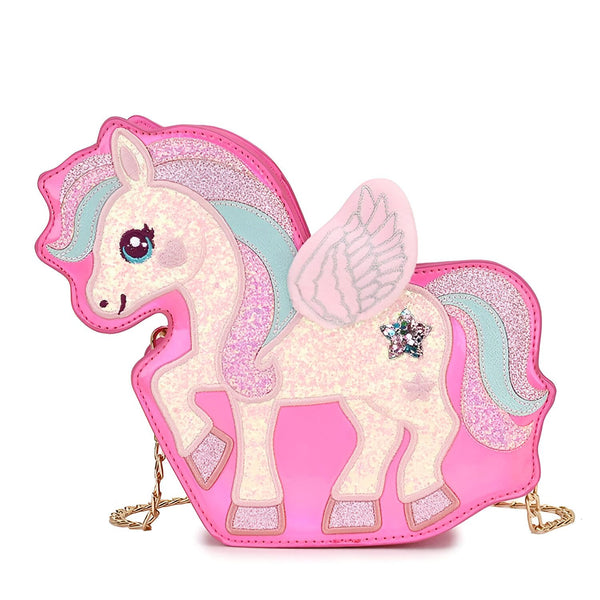 Sac à main pour enfant en forme de licorne rose pailletée avec des ailes, parfait pour les petites filles qui aiment les contes de fées et les accessoires originaux. Fermeture à glissière et bandoulière dorée., 45501654106367 | Licorne Shop