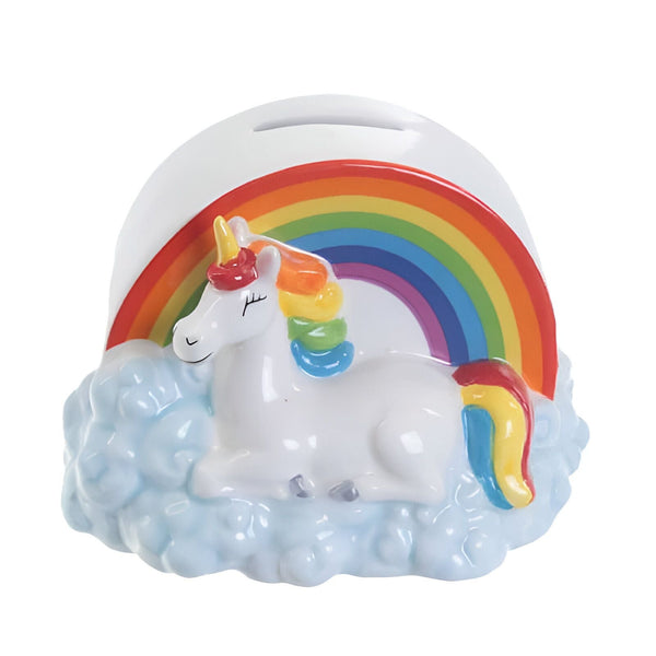 Tirelire licorne en céramique avec un arc-en-ciel. La licorne blanche repose sur des nuages bleus. Idéal pour les enfants qui apprennent à épargner., 45501161472255 | Licorne Shop