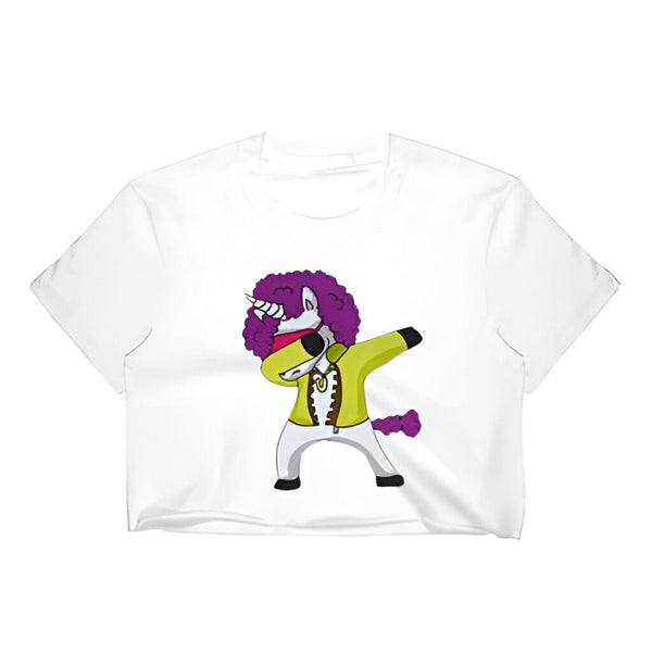 T-shirt blanc avec un dessin animé d'un licorne violette faisant le dab. Vêtue d'une veste jaune et blanche, la licorne a une crinière et une queue violettes. Idéal pour les fans de licornes et de memes., 45501296017663 | Licorne Shop