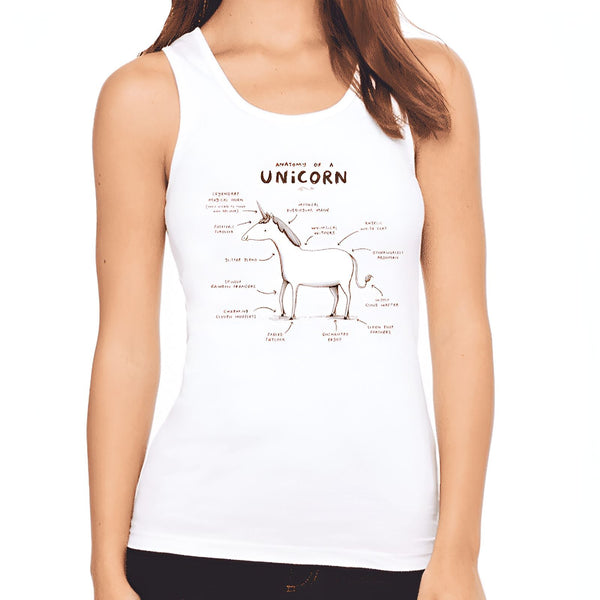 Femme portant un débardeur blanc avec un schéma annoté de l'anatomie d'une licorne en marron. Design unique et amusant., 45501341729023,45501341761791,45501341794559,45501341827327,45501341860095,45501341892863,45501341925631,45501341958399 | Licorne Shop