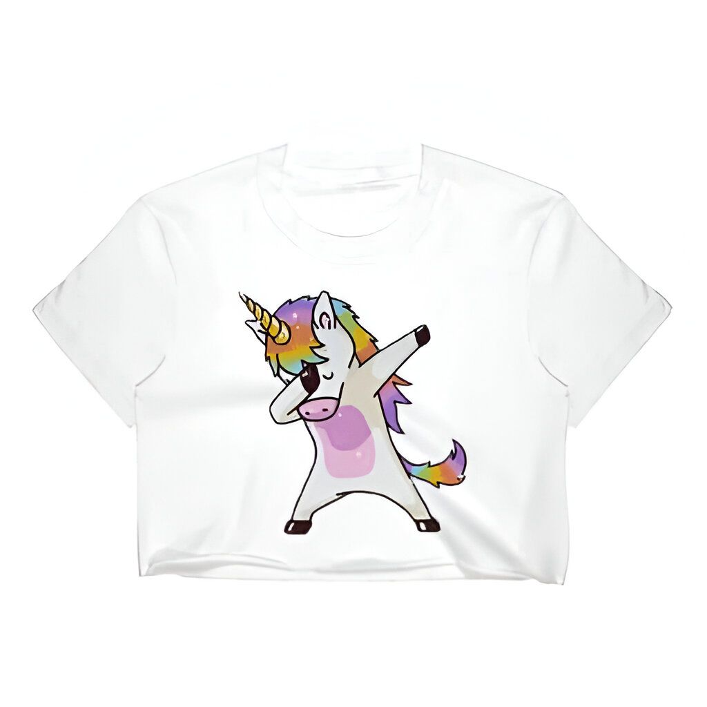 T-shirt blanc avec un motif d'une licorne faisant un "dab". La licorne est blanche avec une crinière et une queue arc-en-ciel, et une corne dorée. Elle est dessinée dans un style de dessin animé mignon., 45501343301887 | Licorne Shop