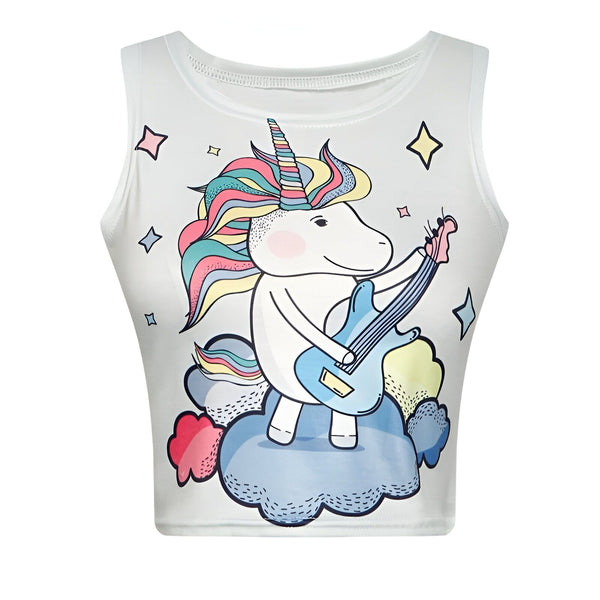 Débardeur blanc avec un dessin d'une licorne souriante jouant de la guitare électrique sur un nuage coloré. Des motifs de losanges décoratifs flottent autour. Vêtement fantaisie et amusant pour les jeunes., 45501297426687 | Licorne Shop