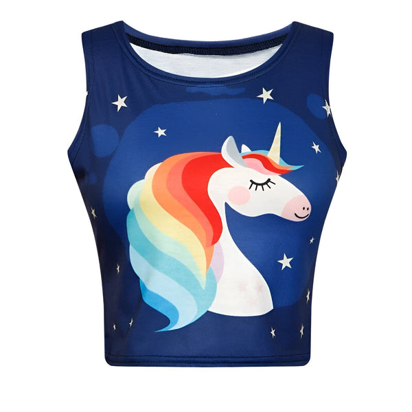 Débardeur bleu nuit avec un imprimé d'une licorne blanche à crinière arc-en-ciel et des étoiles blanches. Vêtement fantaisie et coloré., 45501301358847 | Licorne Shop