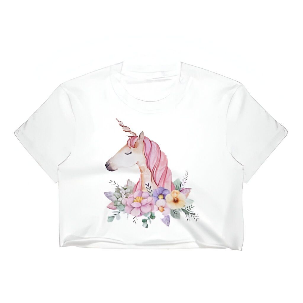 T-shirt blanc court avec motif d'aquarelle d'une licorne rose entourée de fleurs colorées. Design féérique et fantaisiste., 45501301752063 | Licorne Shop