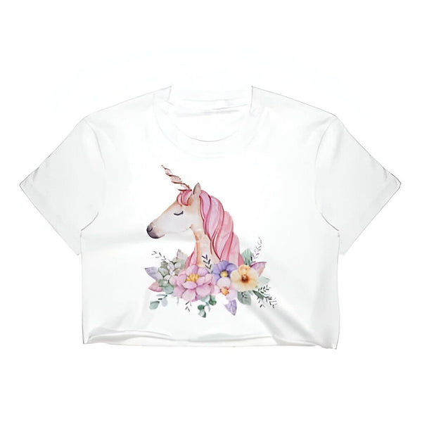 T-shirt blanc court avec motif d'aquarelle d'une licorne rose entourée de fleurs colorées. Design féérique et fantaisiste., 45501301752063 | Licorne Shop