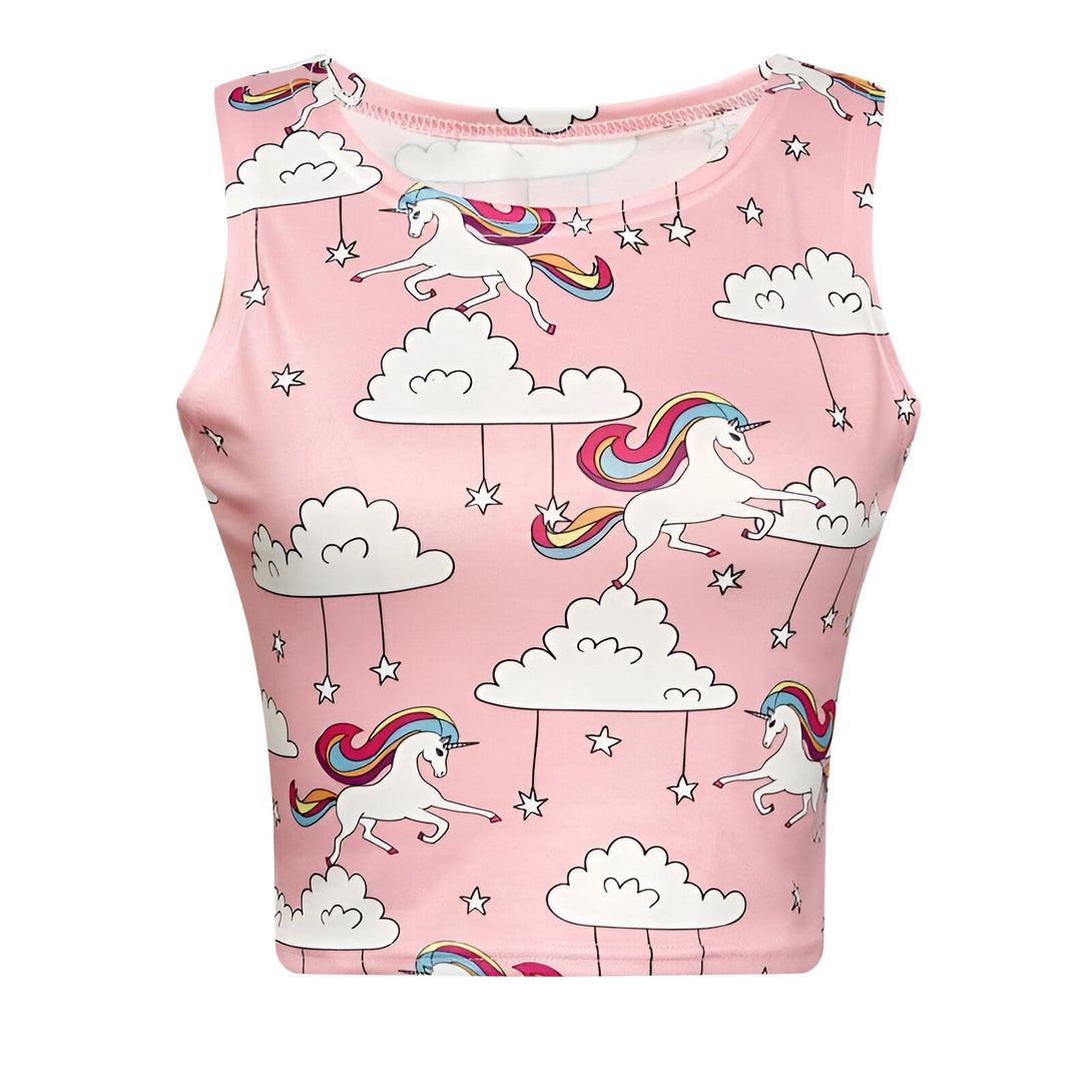 Haut court rose à motif d'unicorne et de nuages. Vêtement tendance avec un imprimé fantaisiste, idéal pour un look décontracté et original., 45501300343039 | Licorne Shop