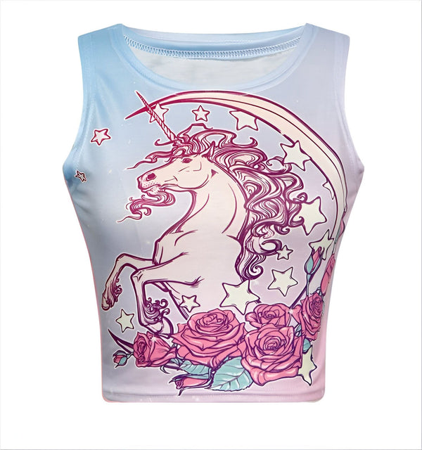 Débardeur imprimé avec un motif d'un licorne, étoiles et roses. Le fond est bleu dégradé. Vêtement tendance et fantaisiste., 45501295263999 | Licorne Shop