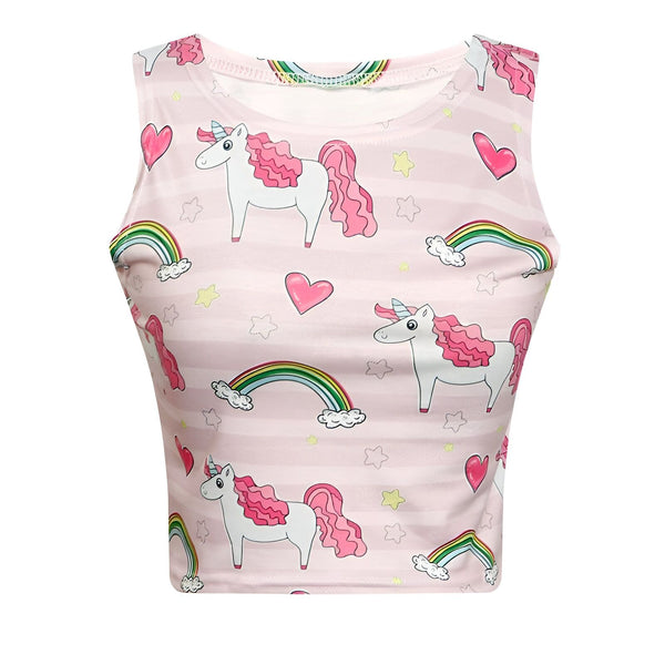 Haut court rose à rayures avec motifs licornes, arcs-en-ciel, cœurs et étoiles. Vêtement fantaisie et coloré., 45501299687679 | Licorne Shop