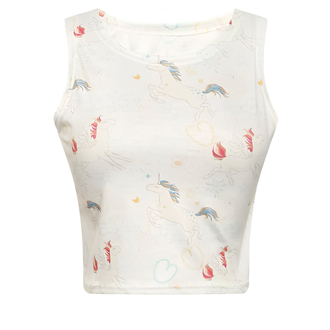 Débardeur blanc imprimé avec des motifs d'unicorns et de cœurs. Vêtement d'été sans manches. Top à motifs pour femme. Style décontracté et tendance., 45501340352767 | Licorne Shop