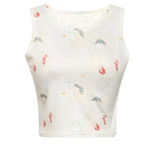 Débardeur blanc imprimé avec des motifs d'unicorns et de cœurs. Vêtement d'été sans manches. Top à motifs pour femme. Style décontracté et tendance., 45501340352767 | Licorne Shop