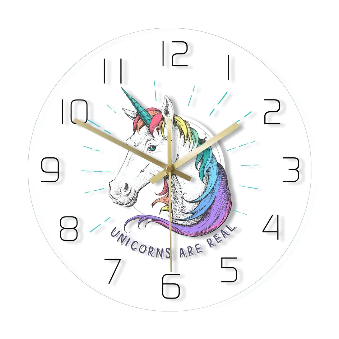 Horloge murale ronde avec un dessin de licorne colorée au centre et l'inscription "Unicorns are real"., 45501135192319 | Licorne Shop