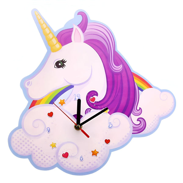 Horloge murale pour enfant en forme de tête de licorne blanche avec crinière violette, corne dorée et arc-en-ciel sur un nuage. Cadran décoré d'étoiles et de cœurs. Idéal pour une chambre d'enfant., 45501137420543 | Licorne Shop