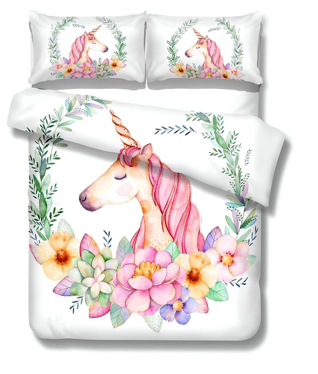 Une couette blanche imprimée d'une licorne rose et verte avec des fleurs et des feuilles colorées.