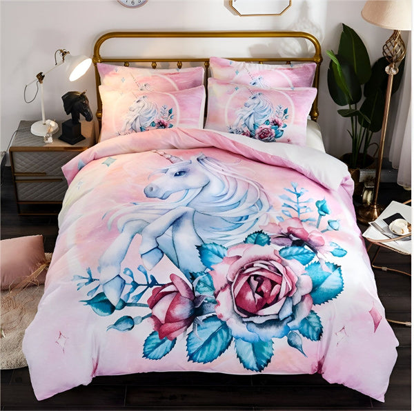 licorne blanche avec des fleurs roses et bleues sur un fond rose