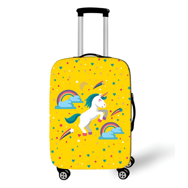 Valise jaune à roulettes, motif licorne et arc-en-ciel. Bagage pour enfant, voyage amusant et coloré. Idée cadeau originale., 45501406642431 | Licorne Shop