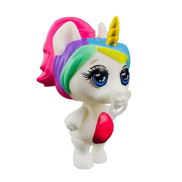 Figurine de bébé licorne avec crinière arc-en-ciel, corne dorée, grands yeux bleus et une sucette dans la bouche., 45501364240639 | Licorne Shop