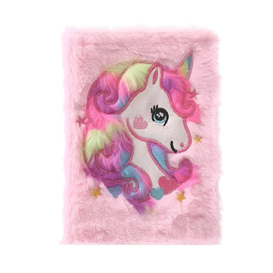 Carnet rose et duveteux avec une licorne brodée aux couleurs vives., 45501204791551 | Licorne Shop