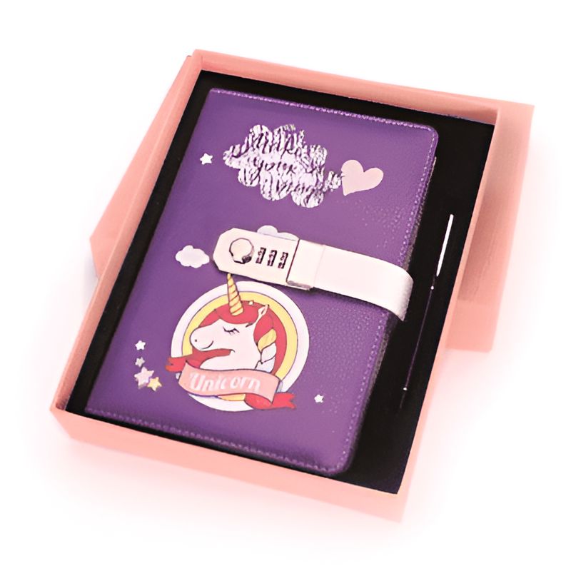 Carnet violet avec licorne et serrure à combinaison dans une boîte cadeau rose. Stylo noir inclus. Idéal pour écrire des secrets et des pensées personnelles. Cadeau parfait pour les enfants., 45501199941887 | Licorne Shop