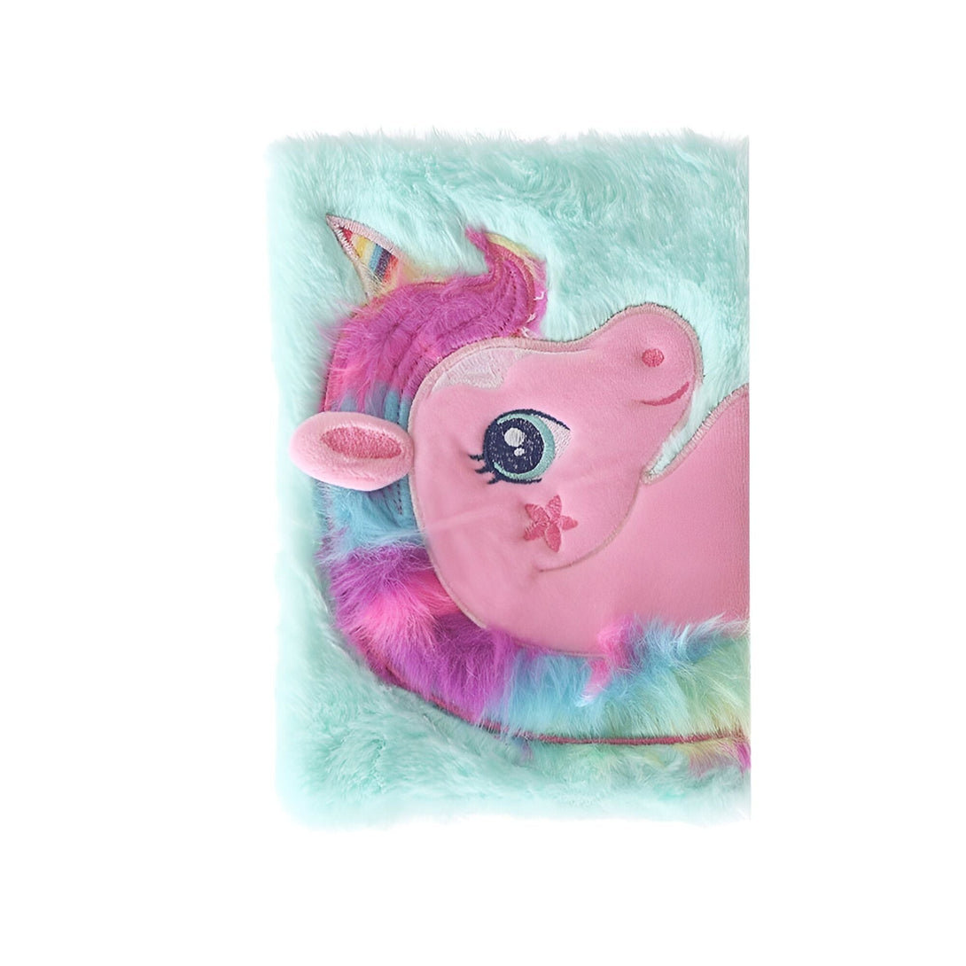Image d'un carnet à couverture pelucheuse bleu turquoise, orné d'un motif de tête de licorne rose avec crinière et corne multicolores. Idéal pour les enfants et les fans de licornes., 45501152952575 | Licorne Shop