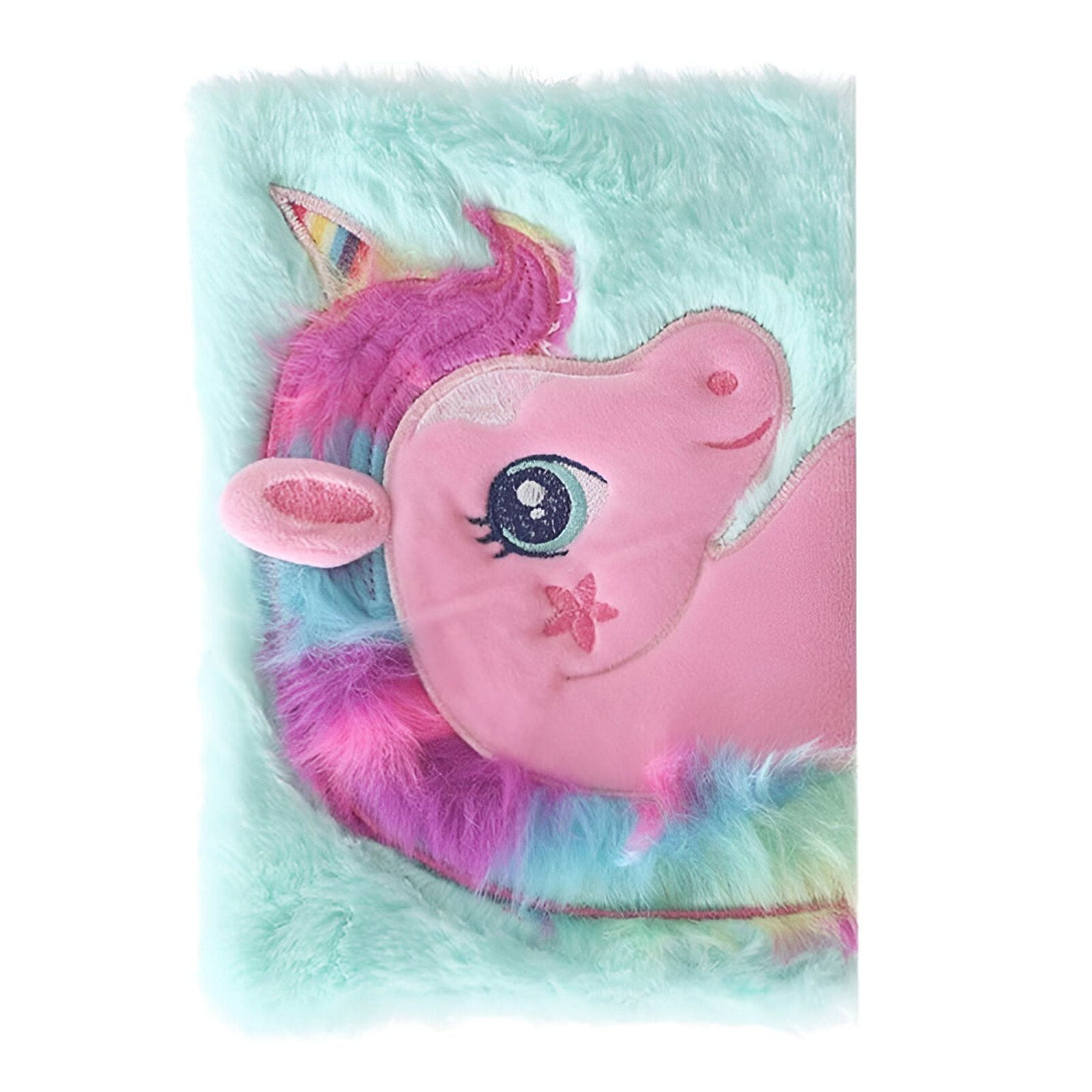 Carnet à spirales rose et bleu avec une couverture en fausse fourrure représentant un visage de licorne avec une crinière arc-en-ciel., 45501155279103 | Licorne Shop