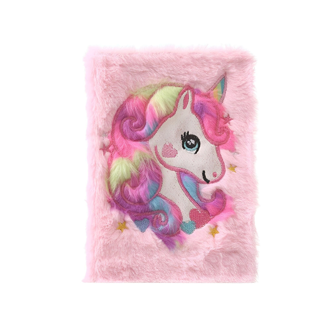 Carnet rose duveteux avec une broderie de tête de licorne colorée sur le devant. Un adorable cadeau pour les enfants qui aiment les licornes., 45501155672319 | Licorne Shop