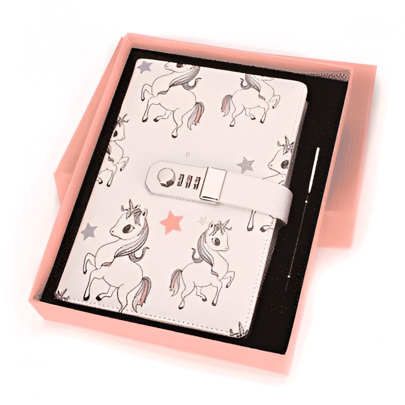 Carnet à spirales licorne blanc dans une boîte rose, avec un stylo et une fermeture à combinaison. Idéal pour les enfants., 45501200269567 | Licorne Shop