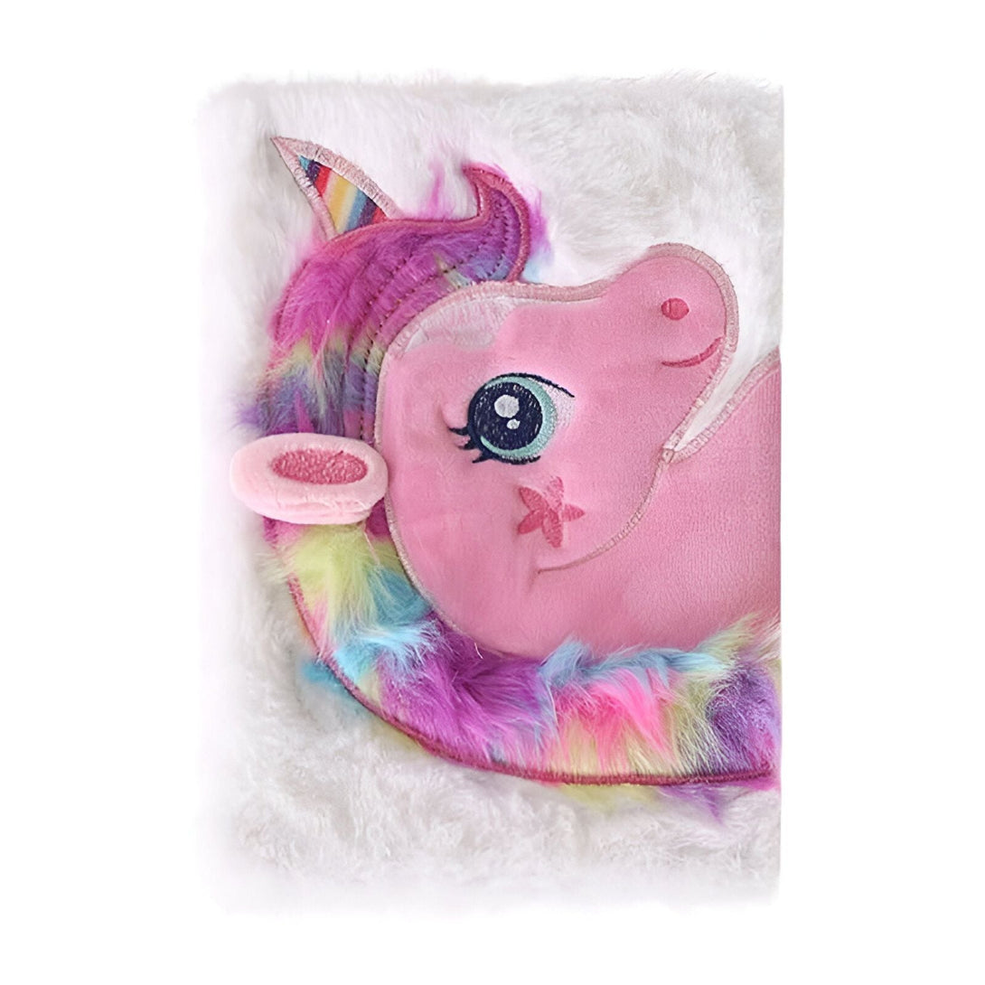 Image d'un journal intime fantaisie avec une couverture douce et duveteuse blanche et la tête d'une licorne rose avec une crinière colorée et un bouton en forme de cœur., 45501153575167 | Licorne Shop