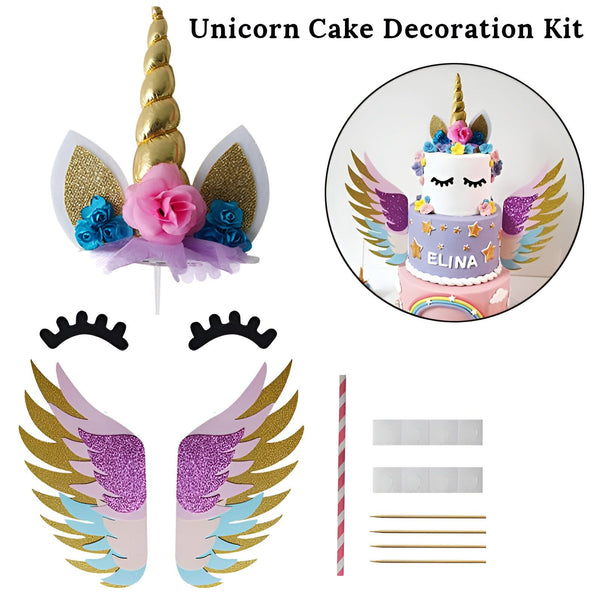 Kit de décoration pour gâteau licorne comprenant une corne dorée, des oreilles pailletées, des fleurs, des cils, des ailes scintillantes, une paille à rayures, des autocollants et des pics en bois pour une décoration facile et féérique., 45501356638463 | Licorne Shop