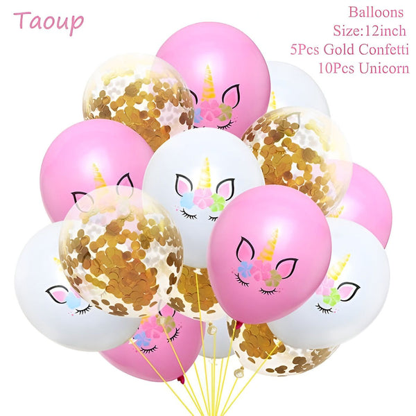 Ballons multicolores pour fête d'anniversaire, certains imprimés avec des visages de licorne et d'autres remplis de confettis dorés. Ballons de 30 cm., 45501108584703 | Licorne Shop